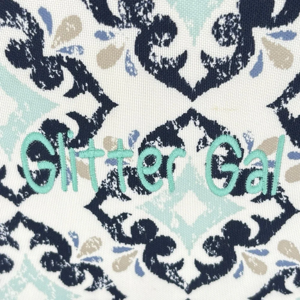 Thirty One Double Duty Caddy Blue White Geometric Pattern Glitter Gal Embroidery
